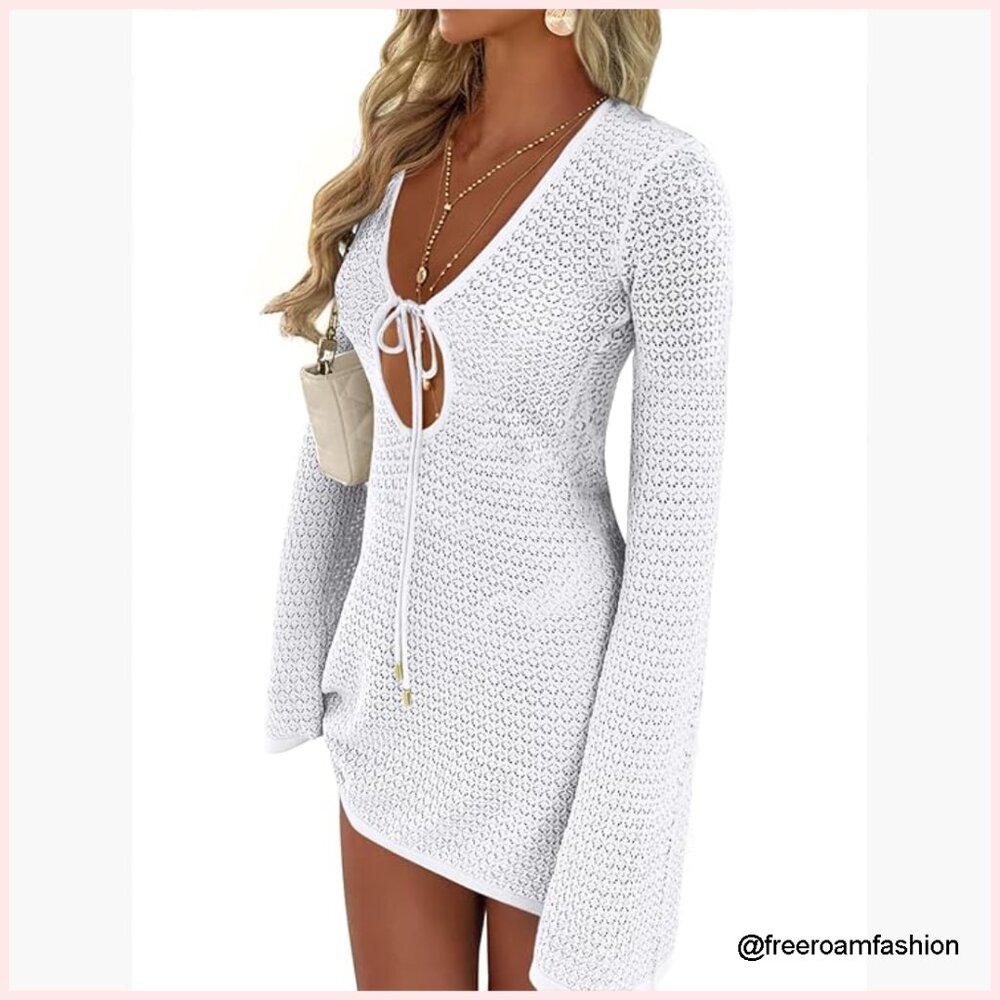 Crochet Mesh Knit Swimsuit Cover Up Dress V Neck Long Sleeve Beach